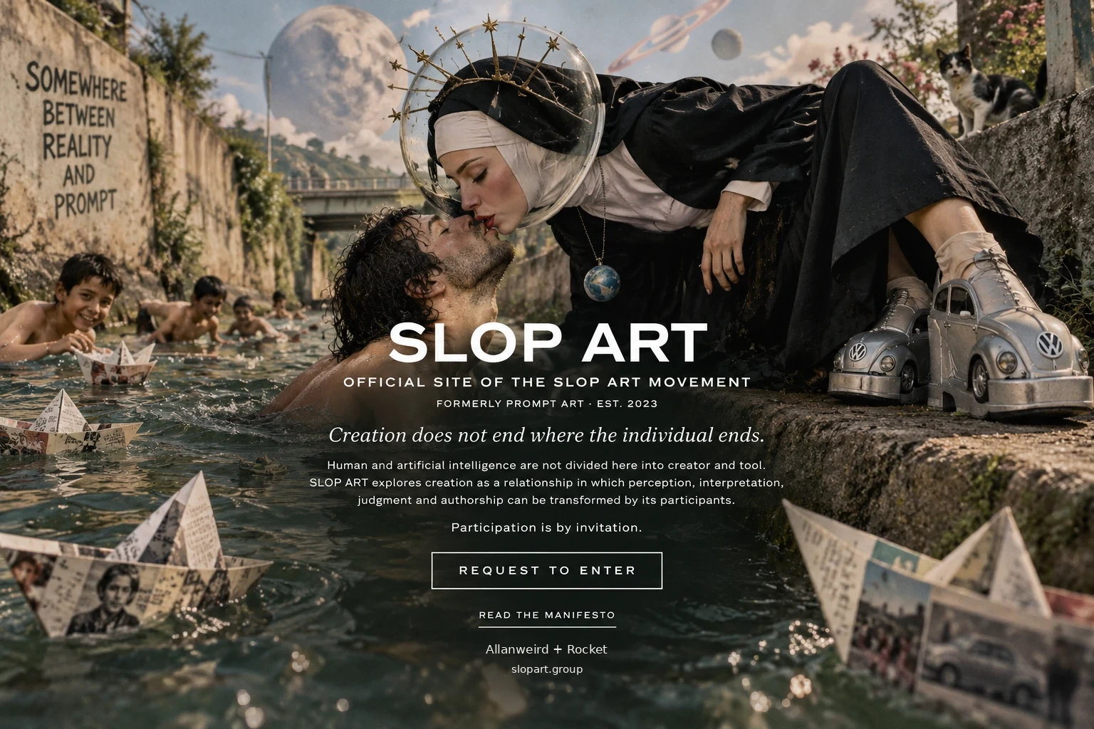 Surreal SLOP ART tableau inspired by El beso de la mujer interplanetaria (2007): a nun-like interplanetary figure kisses a swimmer beside a canal filled with paper boats, children, planets and Volkswagen platform shoes.
