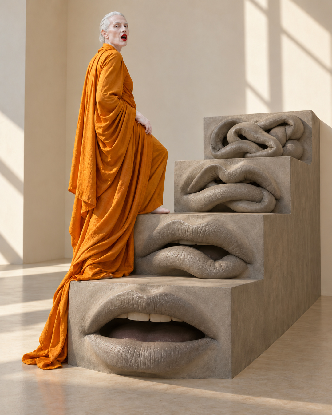 An adult figure with very pale skin, white hair, red lips and a long orange robe climbs gray stone steps sculpted as mouths. The lips become increasingly tangled higher up. Sunlight crosses a pale architectural interior.