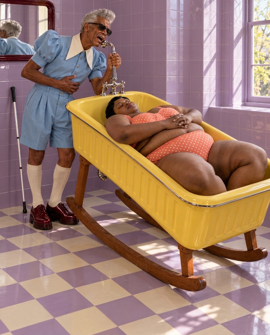 An older man with silver hair, dark glasses, a powder-blue puff-sleeved outfit, ivory socks and burgundy shoes sings into a chrome faucet, one hand on his stomach. Beside him, a very large Black adult woman rests on her back in a yellow washbasin on wooden cradle rockers. She wears a coral-and-ivory polka-dot bikini and folds her hands over her abdomen. Lavender wall tiles and a sunlit checkerboard floor surround them.