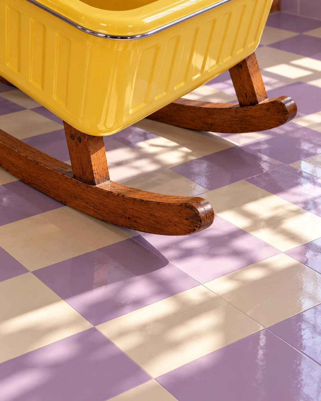 A generative architectural detail of the yellow enamel washbasin mounted on curved wooden cradle rockers. Sunlight and window shadows cross a clean lavender-and-ivory checkerboard floor. No people appear.