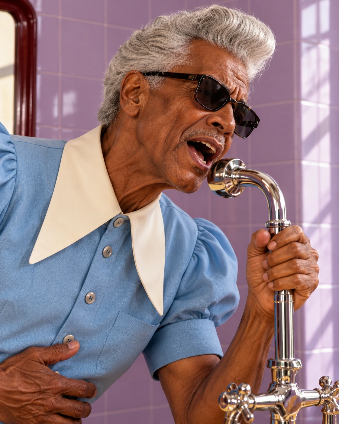 Close-up generative detail of the older singer with sculpted silver hair, dark glasses, expressive wrinkles and an open mouth close to a chrome faucet. He wears a powder-blue shirt with puffed sleeves and a large ivory collar. Lavender tiles stand behind him.