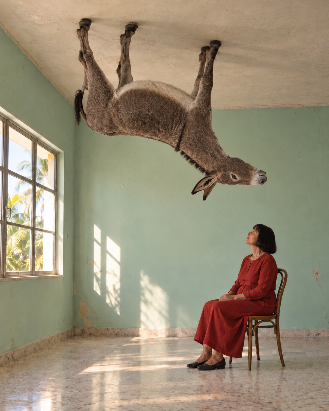 The Other Way Up, I. In a sunlit room with pale mint walls and a terrazzo floor, a donkey stands upside down with its hooves against the ceiling. Below, a woman in a red dress sits on a wooden chair and looks up toward it. A tall window on the left reveals palm leaves and casts warm light across the room.