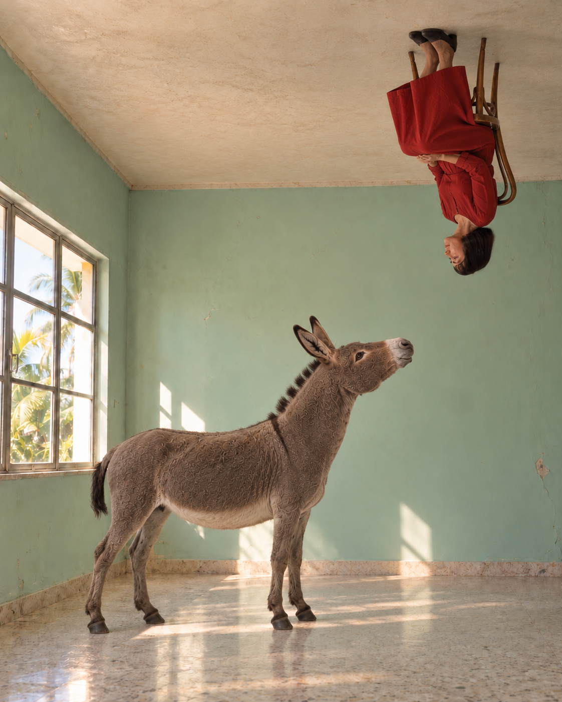 The Other Way Up, II. In a sunlit mint-green room, a donkey stands on the terrazzo floor and raises its head toward a woman above. Wearing a red dress, she sits upside down on a wooden chair against the ceiling, looking toward the donkey. A tall window on the left reveals palm leaves.