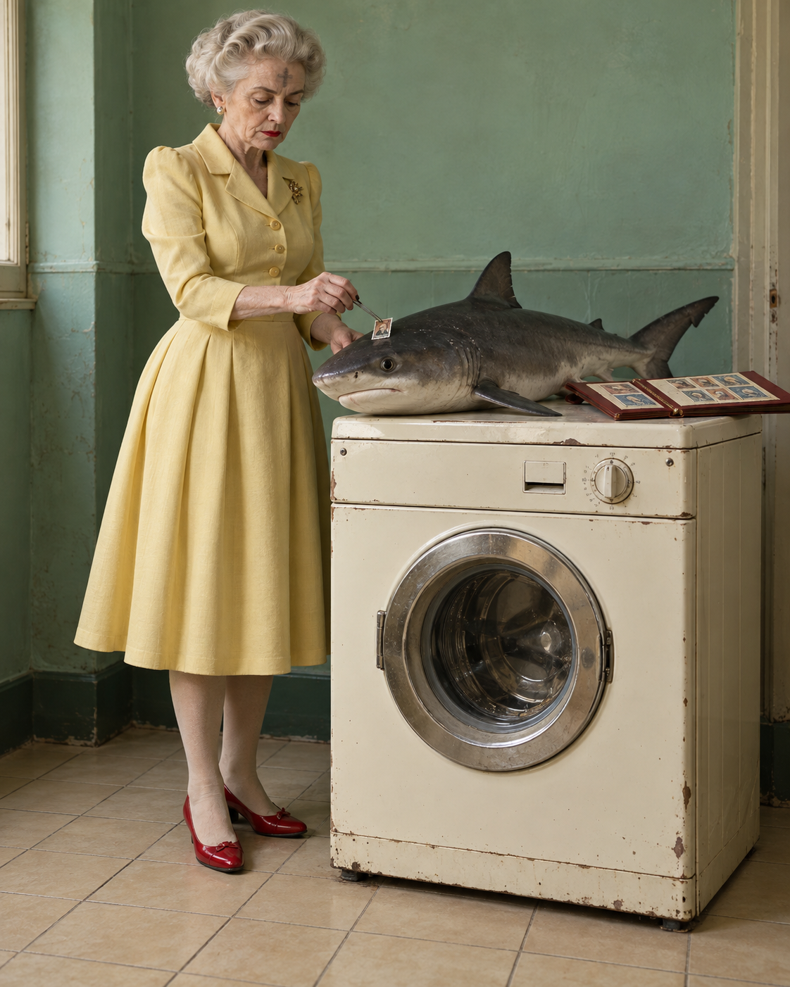 Surreal, photographic scene in a faded mint-green laundry room. An elderly woman with silver hair, a lemon-yellow dress, red shoes and a cross-shaped ash mark on her forehead uses tweezers to place a postage stamp on a shark resting on an old cream washing machine. An open stamp album lies beside the shark.