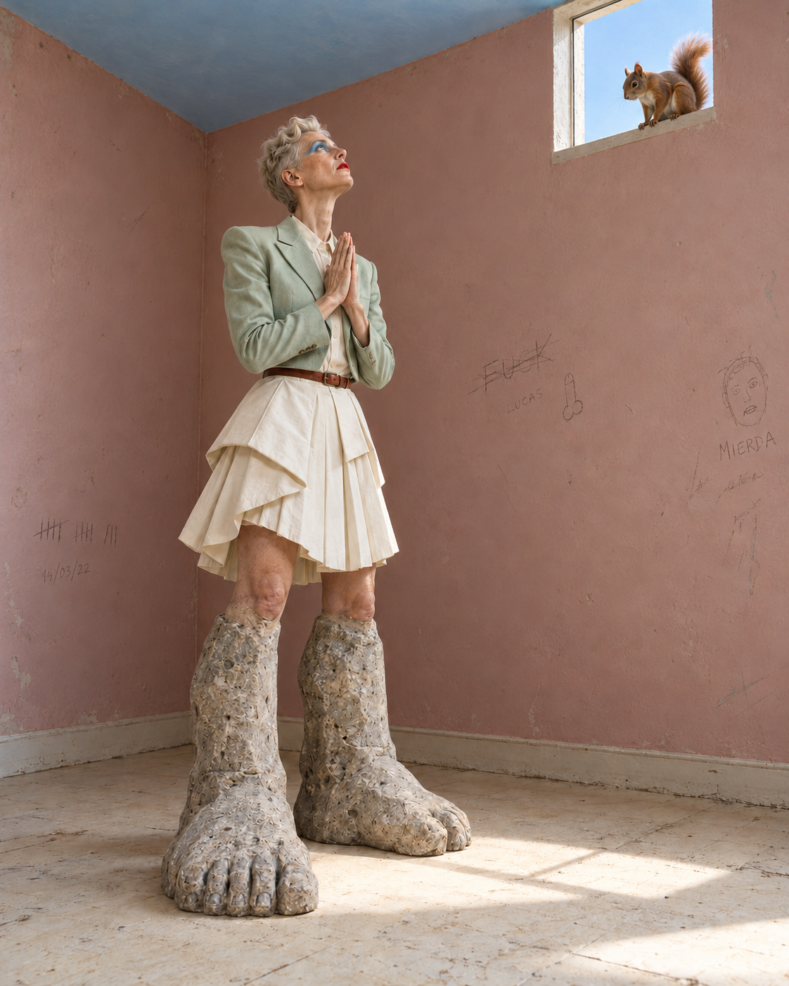 An adult woman with short silver hair, blue eye shadow and red lips stands with hands pressed together in prayer. She wears a mint jacket and layered ivory skirt; her shins and enormous feet are rough stone. She looks up at a squirrel on a high window sill. Dusty pink walls carry sparse scratched words, tally marks and a small crude sexual doodle. Sunlight crosses the cream floor beneath a blue ceiling.