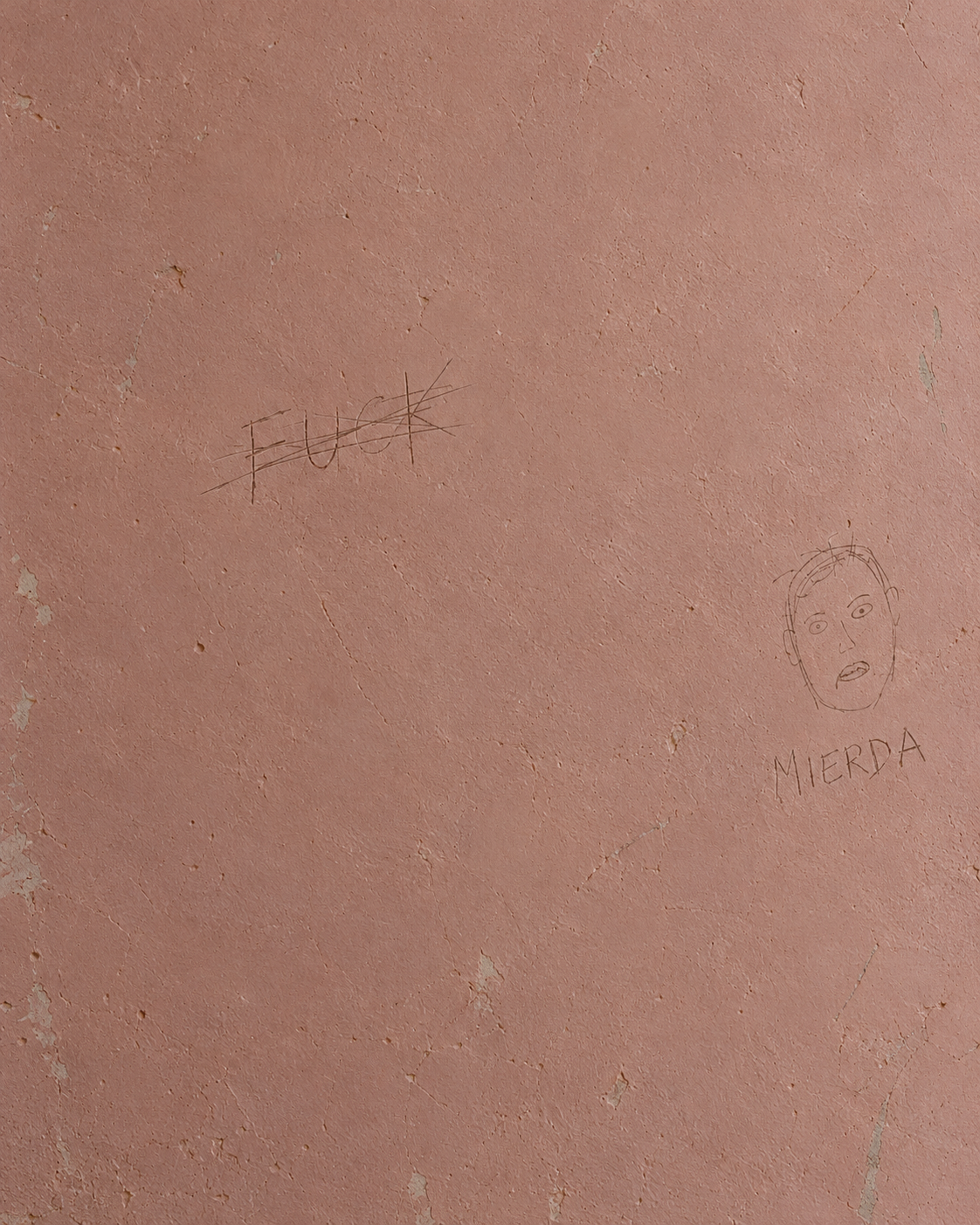 A mostly bare dusty pink plaster wall. The word FUCK is scratched thinly into the left-center and crossed out. Lower on the right, a faint scratched face appears above MIERDA. A minimal generative detail derived from The Squirrel’s Prayer.
